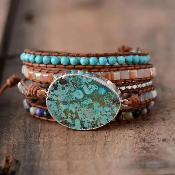 Pulsera para aliviar el estrés y la preocupación a través de su piedra natural de jaspe oceánico. El jaspe oceánico es una excelente piedra de curación que estimula un sentimiento de alegría y espíritu elevado.