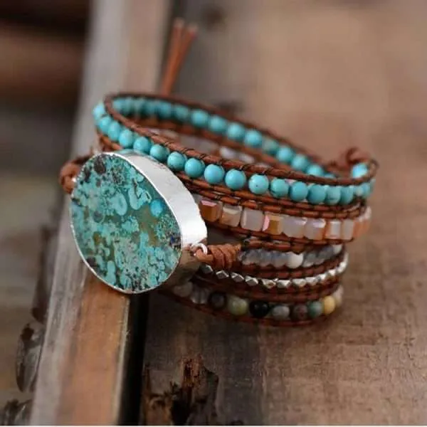 Pulsera para aliviar el estrés y la preocupación a través de su piedra natural de jaspe oceánico. El jaspe oceánico es una excelente piedra de curación que estimula un sentimiento de alegría y espíritu elevado.