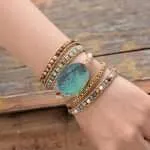 Pulsera para aliviar el estrés y la preocupación a través de su piedra natural de jaspe oceánico. El jaspe oceánico es una excelente piedra de curación que estimula un sentimiento de alegría y espíritu elevado.