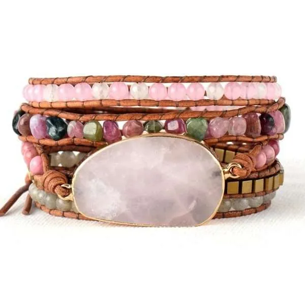 Comprar pulsera con piedras de cuarzo rosa, labradorita, turmalina y rodonita.