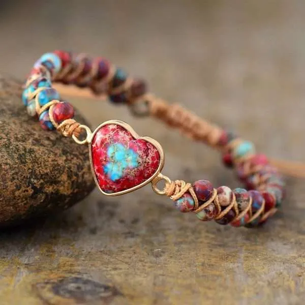 Comprar pulsera de jaspe imperial y piedras naturales para mujer. Pulsera zen boho en forma de corazón.