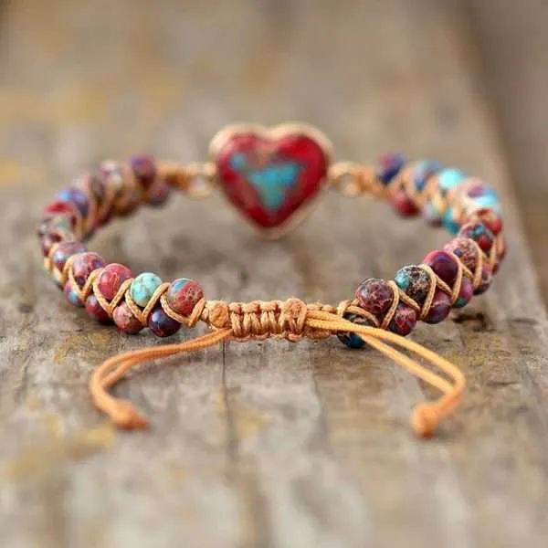 Comprar pulsera de jaspe imperial y piedras naturales para mujer. Pulsera zen boho en forma de corazón.