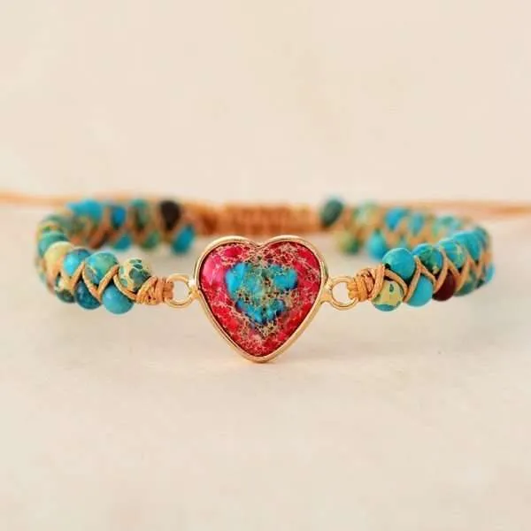 Comprar pulsera de jaspe imperial y piedras naturales para mujer. Pulsera zen boho en forma de corazón.