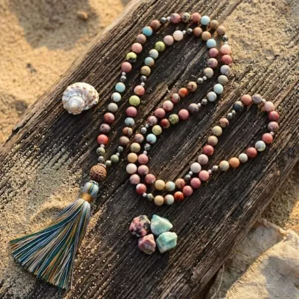 Collar de las buenas vibraciones con rodonita, jaspe, hematita y shoushan (Japa mala 108 cuentas)