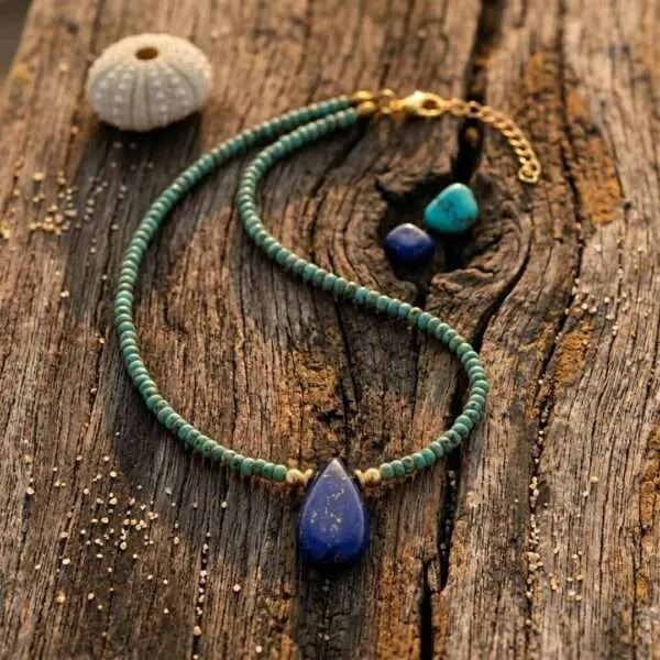 Collar del equilibrio de Vishuddha con amazonita, lapislázuli o jaspe rojo