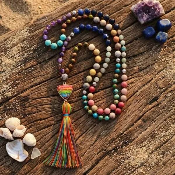 Collar mala del equilibrio de los 7 chakras con jaspe (Japa mala 108 cuentas)
