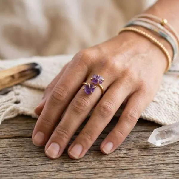 Anillo Boho de Conexión Interior — Amatista, Cuarzo o Aguamarina