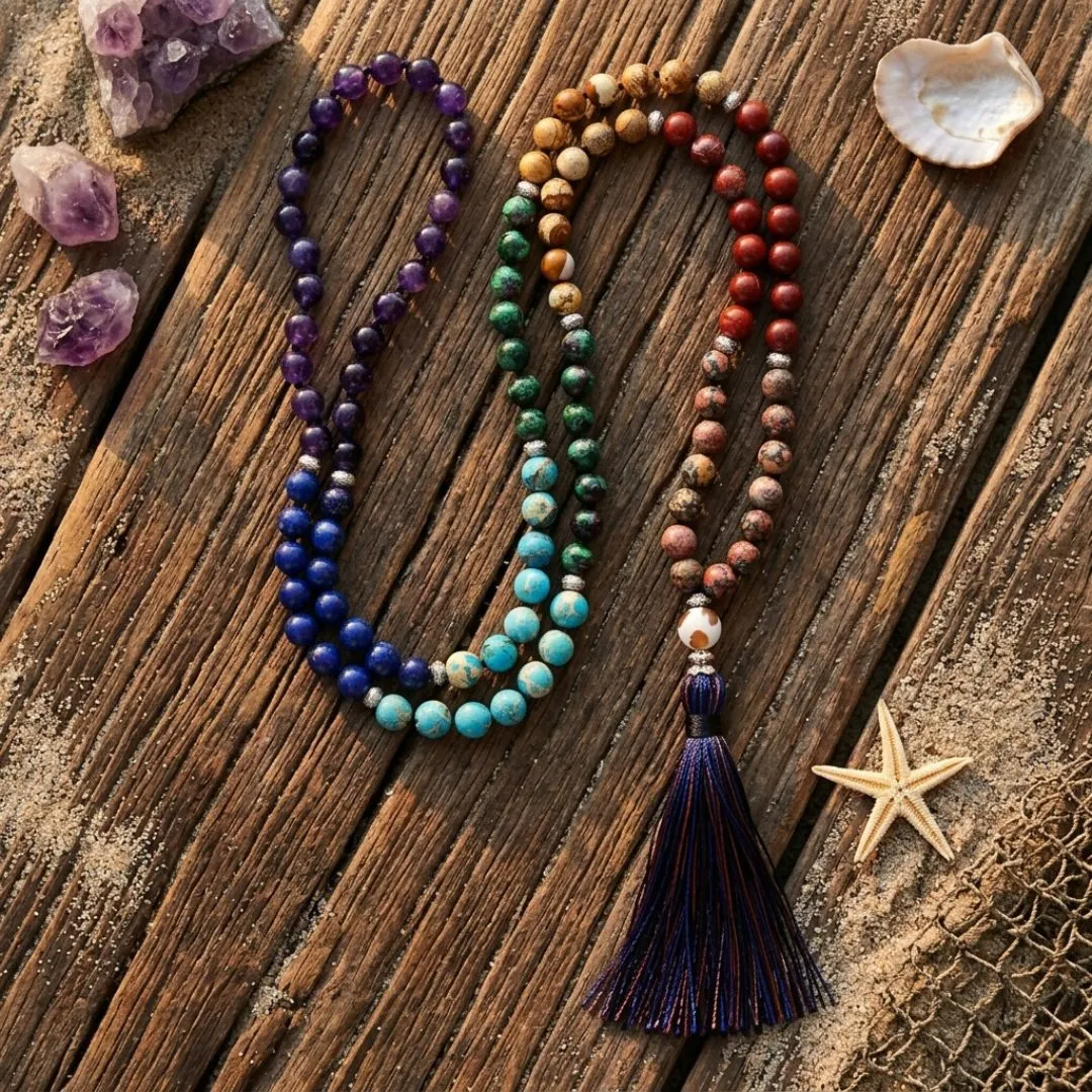 Collar Japa Mala Multicolor de 108 Cuentas con Piedras Semipreciosas Collar Japa Mala Multicolor de 108 Cuentas con Piedras Semipreciosas