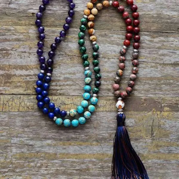 Collar Japa Mala meditación de 108 cuentas con piedras semipreciosas