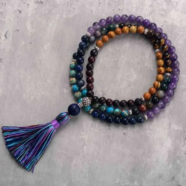 Collar Japa Mala tibetano de 108 cuentas con amatista, ágata y jaspe