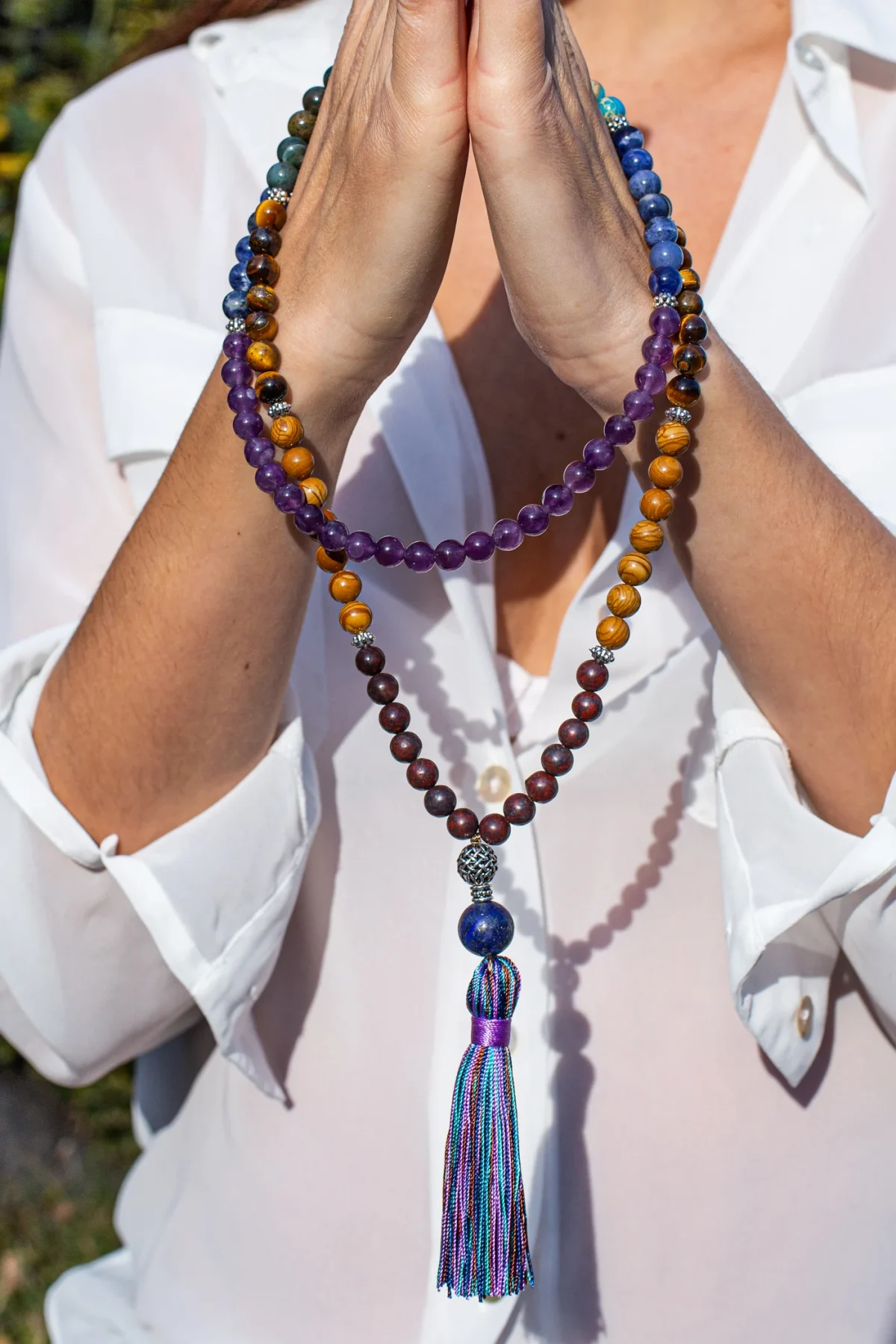 Collar Japa Mala tibetano de 108 cuentas con amatista, ágata y jaspe