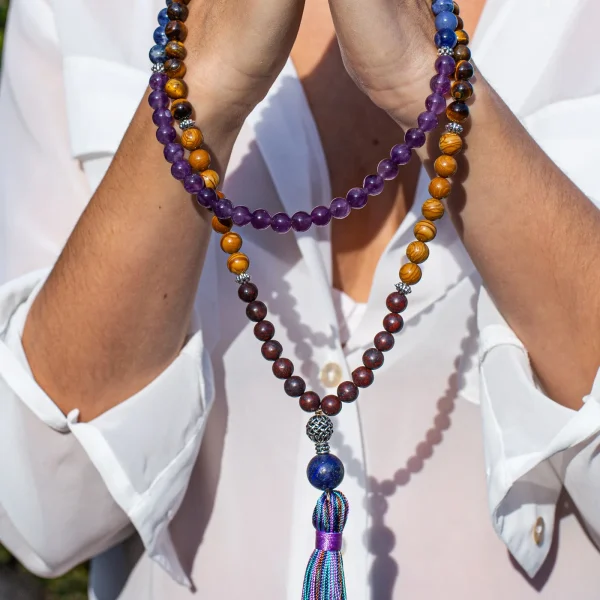 Collar Japa Mala tibetano de 108 cuentas con amatista, ágata y jaspe