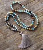 Collar Japa Mala tibetano de 108 cuentas con amazonita, ágata y jaspe