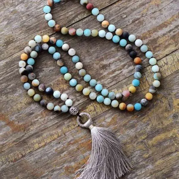 Collar Japa Mala tibetano de 108 cuentas con amazonita, ágata y jaspe