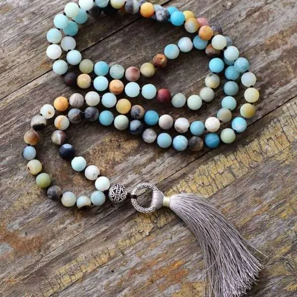 Collar Japa Mala tibetano de 108 cuentas con amazonita, ágata y jaspe
