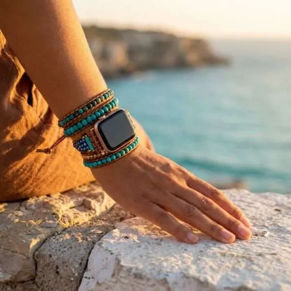 Correa Apple Watch hippie con turquesa y jaspe (5 vueltas)