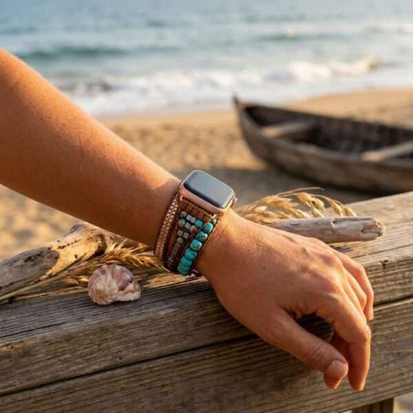 Correa Apple Watch bohemia con piedras de jaspe turquesa (3 vueltas)