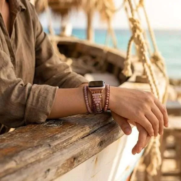 Correa Apple Watch boho con rodonita y cuarzo rosa (5 vueltas)