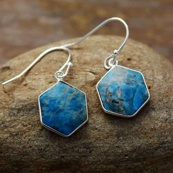 Pendientes boho geométricos con piedras de labradorita, apatita o rodonita