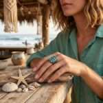 Anillo boho de la protección del alma con hematita e incrustaciones de turquesa