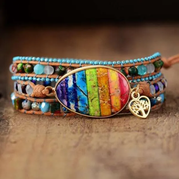Pulsera boho chic con piedras naturales de jaspe y medallón del árbol de la vida