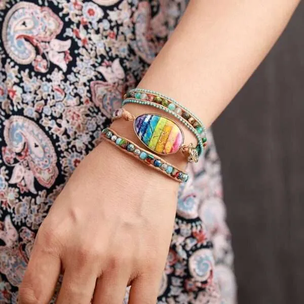Pulsera boho chic con piedras naturales de jaspe y medallón del árbol de la vida