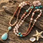 Collar largo de la seguridad con amazonita, turquesa, rodonita y cuarzo rosa