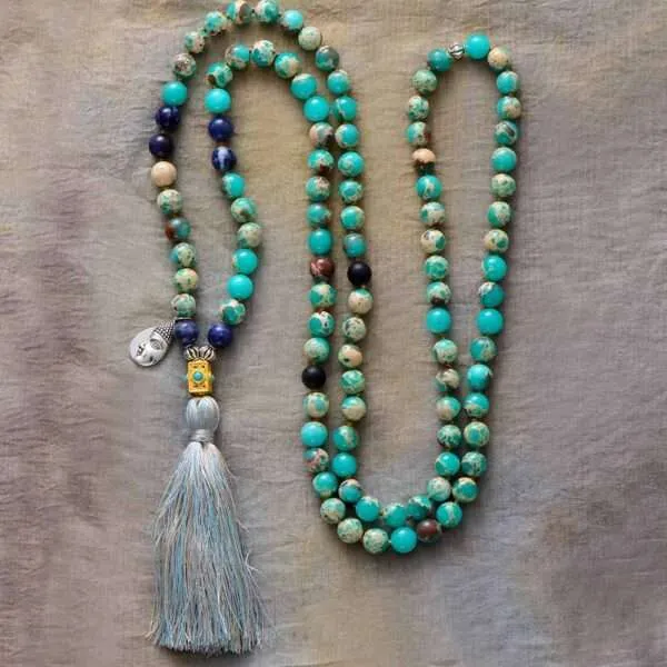 Collar Japa Mala 108 cuentas con jaspe y medallón con cara de buda