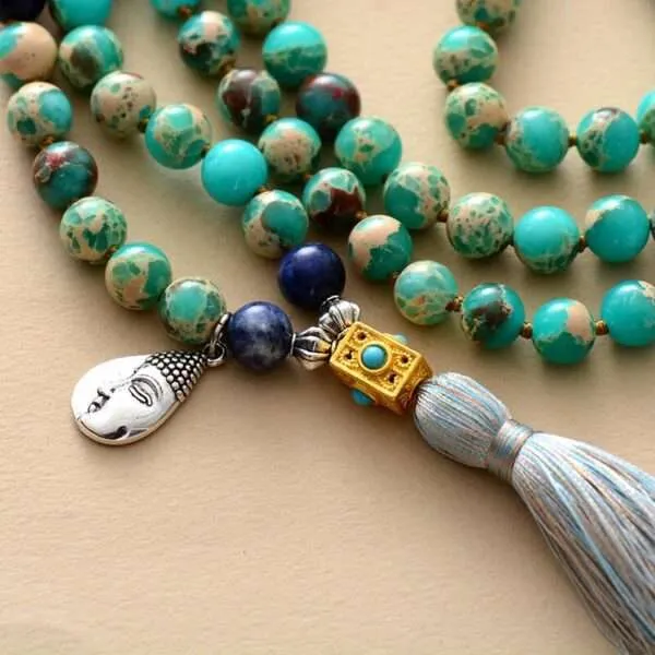 Collar Japa Mala 108 cuentas con jaspe y medallón con cara de buda