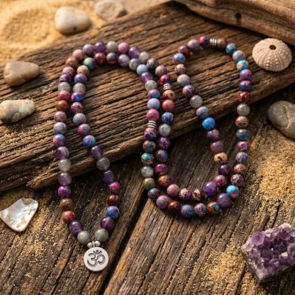 Collar Japa Mala 108 cuentas con jaspe imperial, amatista y medallón OM