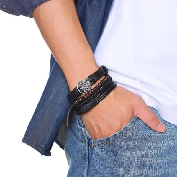 Conjunto de 4 pulseras bohemias para hombre de cuero