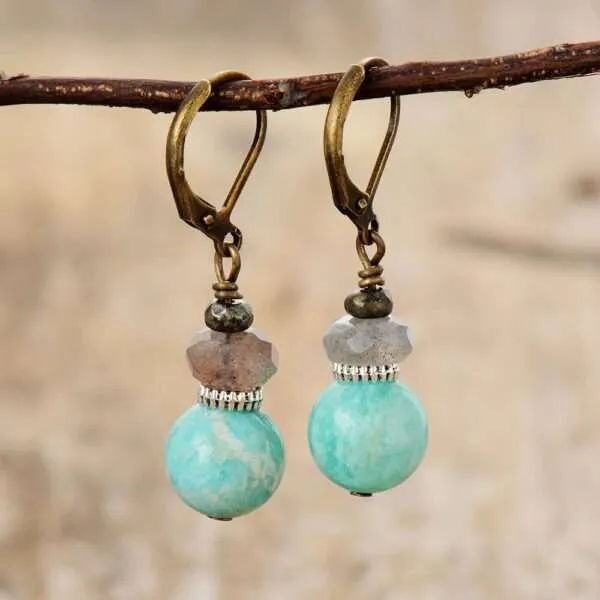 Pendientes vintage del viaje a las otras vidas con amazonita y labradorita