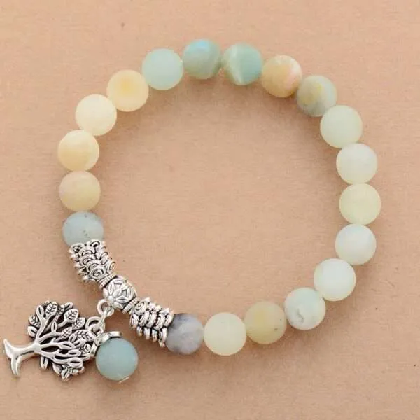 Pulsera medallón del árbol de la vida con howlita, cuarzo rosa o amazonita