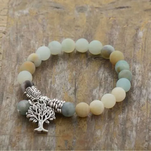 Pulsera medallón del árbol de la vida con howlita, cuarzo rosa o amazonita