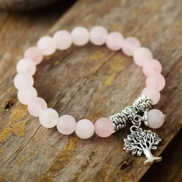 Pulsera medallón del árbol de la vida con howlita, cuarzo rosa o amazonita