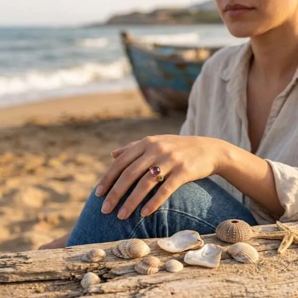 Anillo bohemio con media luna geométrica y piedras semipreciosas