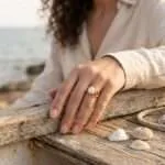 Anillo bohemio con media luna geométrica y piedras semipreciosas