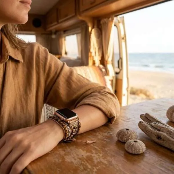 Correa Apple Watch boho elegante con piedras de ojo de tigre (5 vueltas)