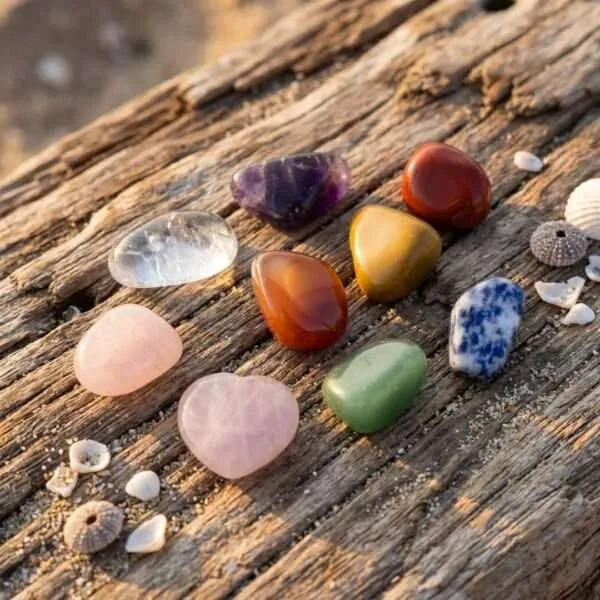 Cajita con piedras naturales y corazón de cuarzo rosa para los 7 chakras