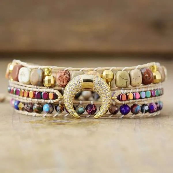 Pulsera vegana de la luna creciente con piedras de jaspe y circonita