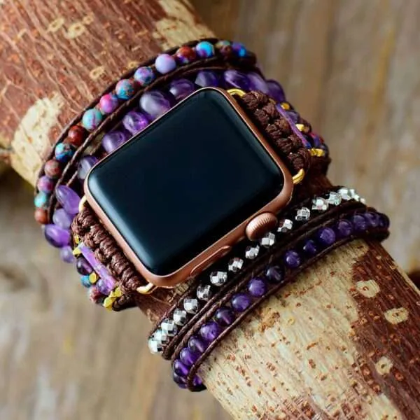Correa Apple Watch boho con piedras de amatista y jaspe (5 vueltas)