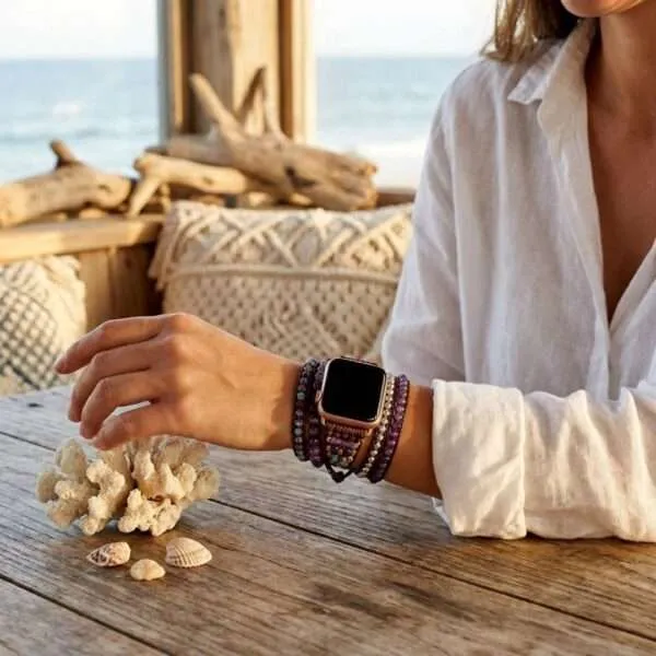 Correa Apple Watch boho con piedras de amatista y jaspe (5 vueltas)