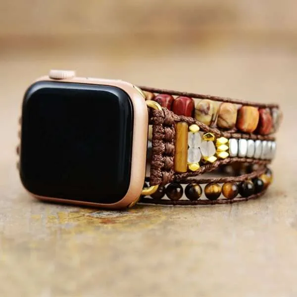 Correa Apple Watch natural con piedras de jaspe y ojo de tigre (3 vueltas)