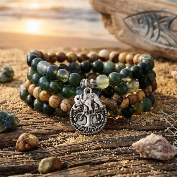 Collar Japa Mala de 108 Cuentas con Árbol de la Vida y Ganesha