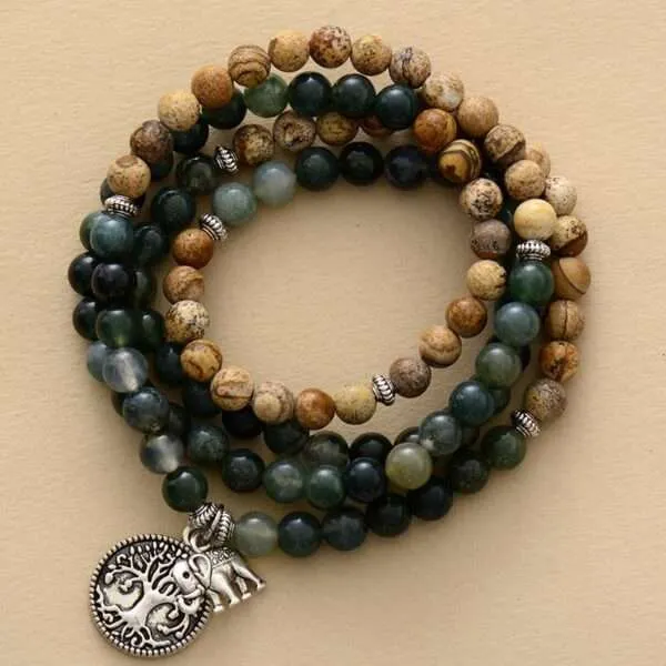 Japa Mala 108 cuentas con piedras y dije del árbol de la vida y ganesha