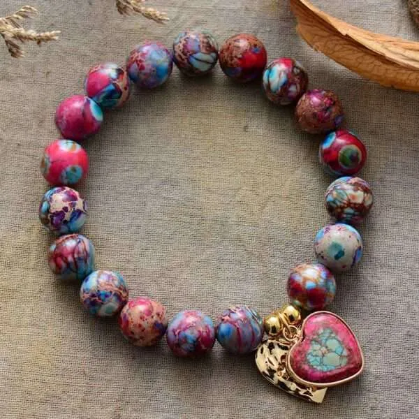 Pulsera del corazón sin miedo con piedras de jaspe y dije chapado en oro