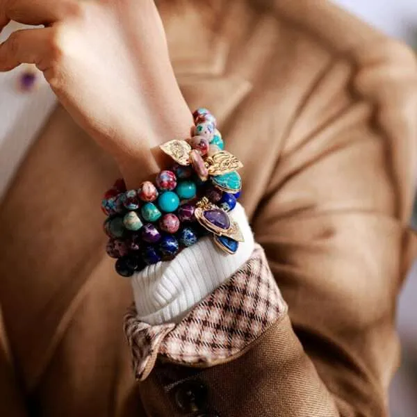 Pulsera del corazón sin miedo con piedras de jaspe y dije chapado en oro