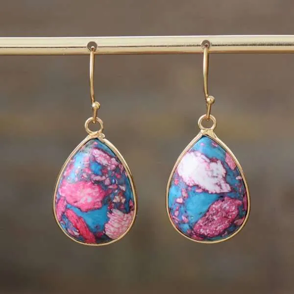 Pendientes boho de la flor de sakura con piedras naturales de jaspe
