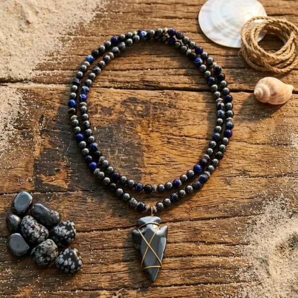 Collar hombre con hematita en forma de punta de flecha, obsidiana y jaspe