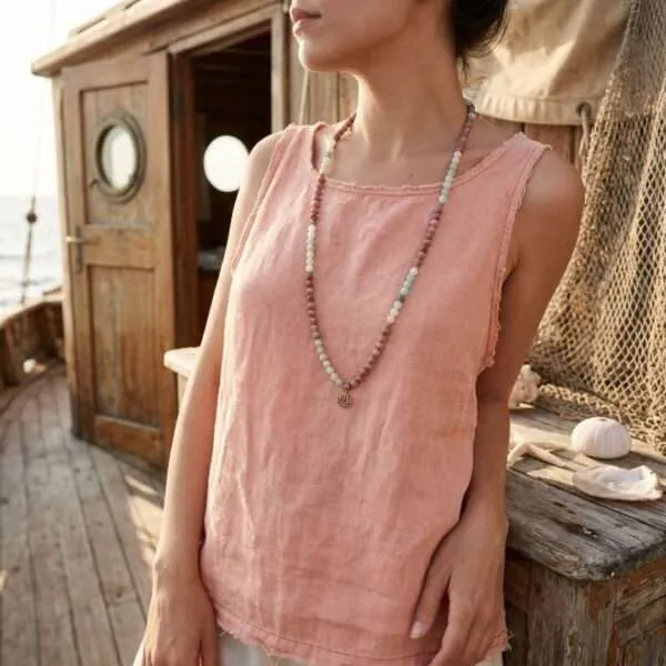 Collar Japa Mala 108 cuentas con amazonita, rodonita y dije flor de loto